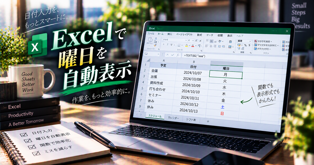 Excelで曜日を自動表示する5つの基本ワザ｜関数と表示形式で日付入力を一気に効率化！